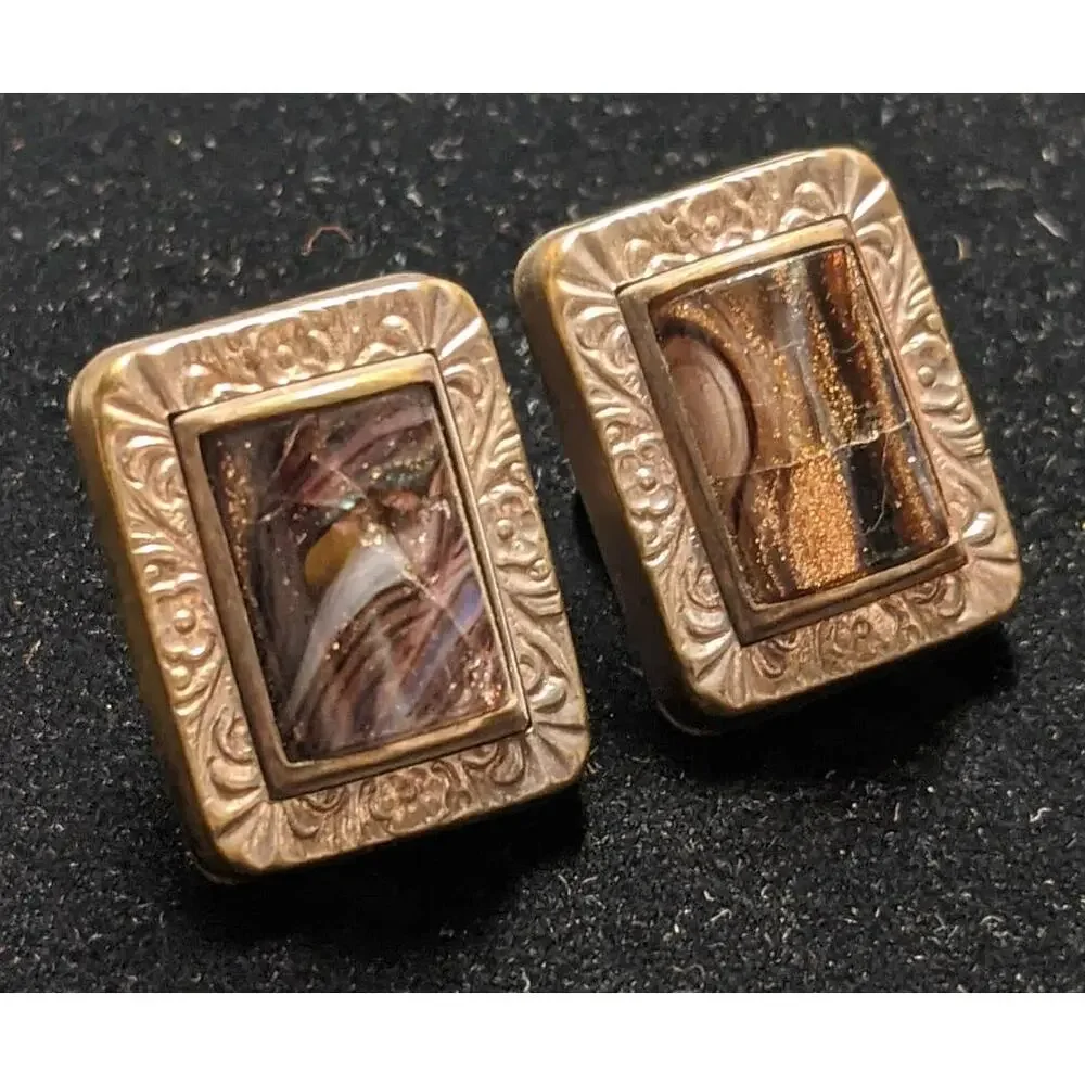 Vintage Chalcedony Cufflinks Purple Orange Golden Tone Floral Filigree Border